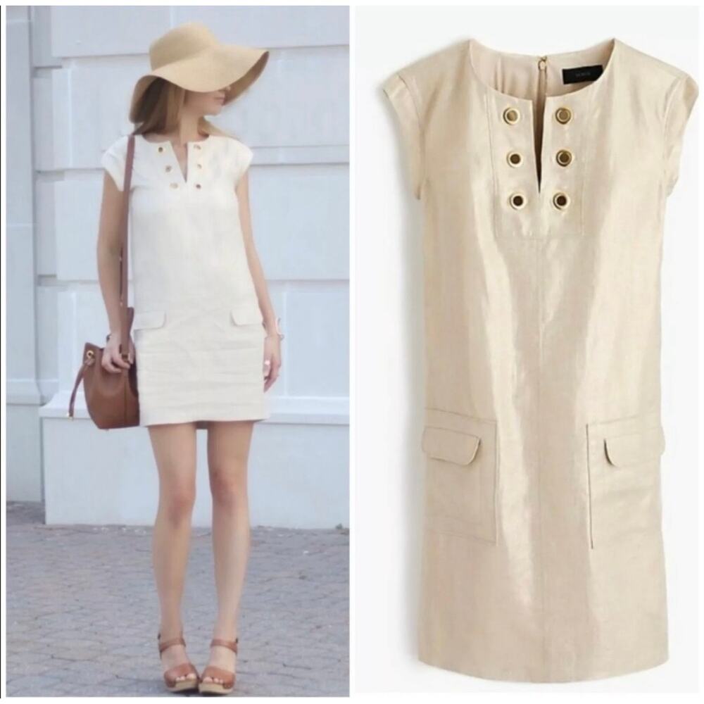 J Crew Sz 2 Dress Beige Gold Metallic Linen Shift Grommet V-neck Cap Sleeve Work